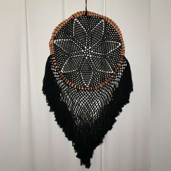 Black Macrame / Crocheted Dream Catcher With Wooden Grapevine Hoop - Hand Made - Picture 2 of 11